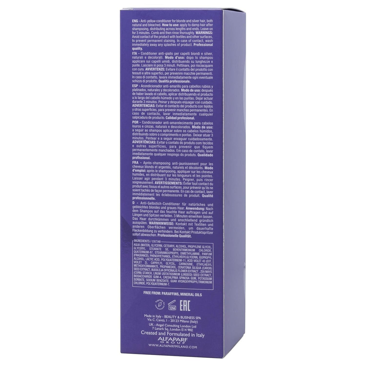ALFAPARF MILANO bottle beside hair lengths for size and application guidance benefit