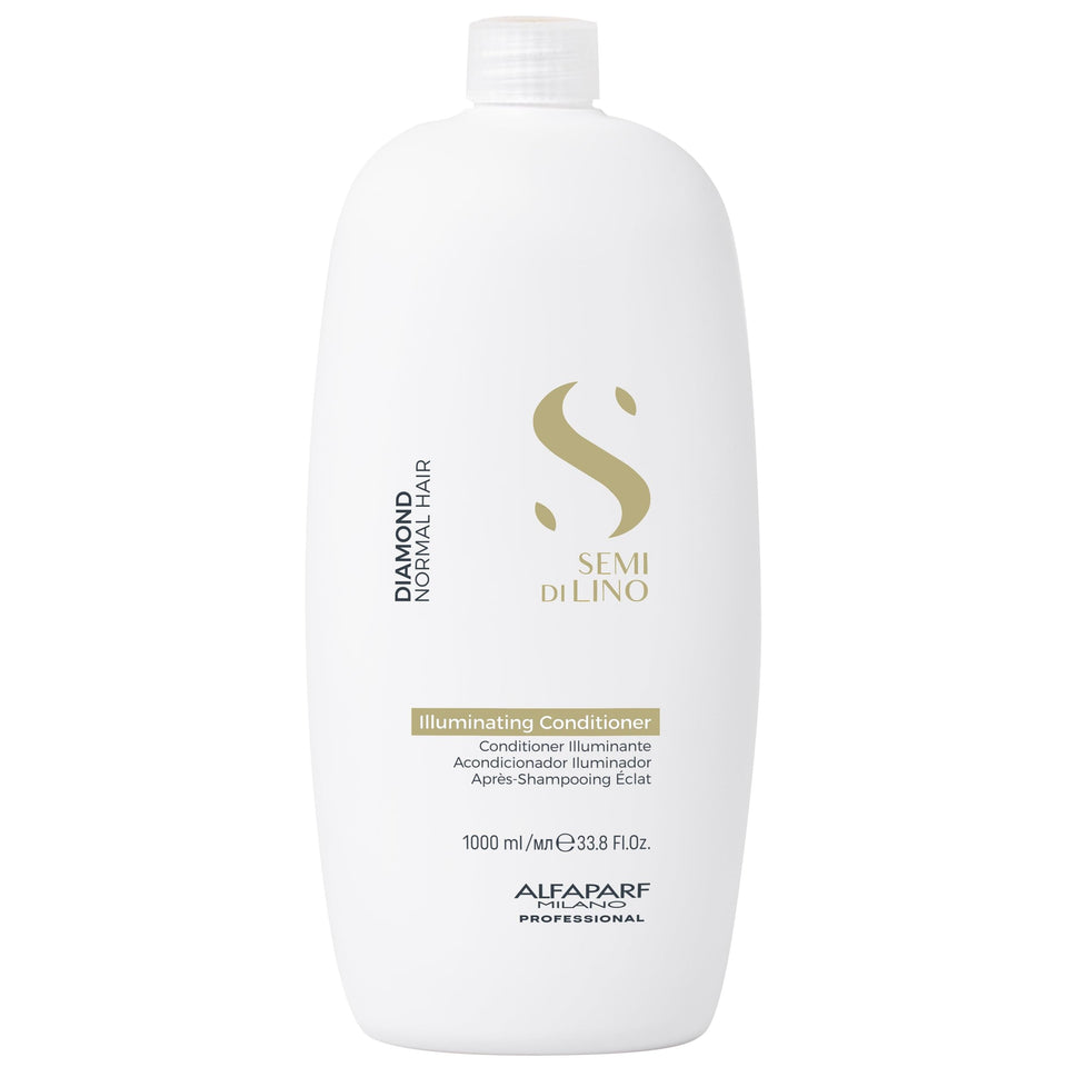 Alfaparf Milano front packaging of illuminating conditioner showing professional salon bottle and label benefit shine