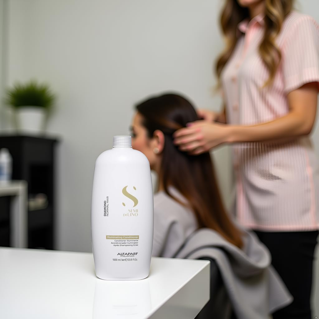 Alfaparf Milano conditioner staged on bathroom shelf to show salon-quality routine and stylish storage benefit