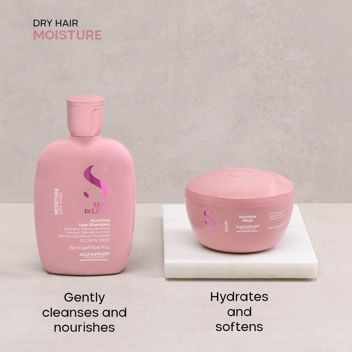 ALFAPARF MILANO shampoo pump close-up highlighting easy dispensing and gentleness