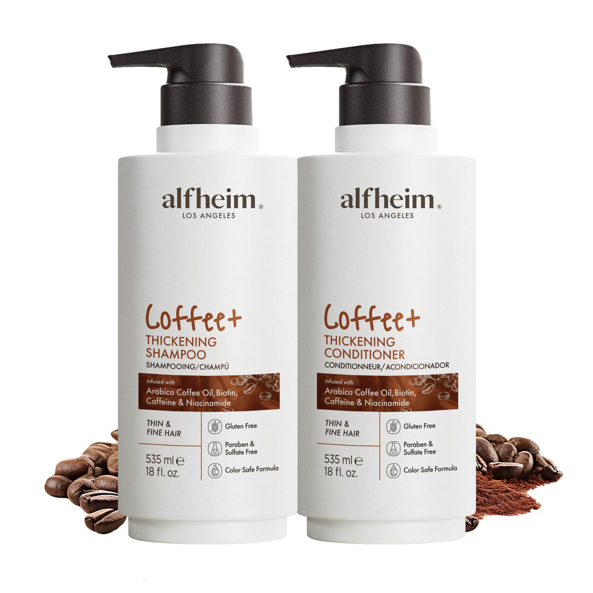ALFHEIM front packaging showing Coffee+ thickening duo and everyday volume