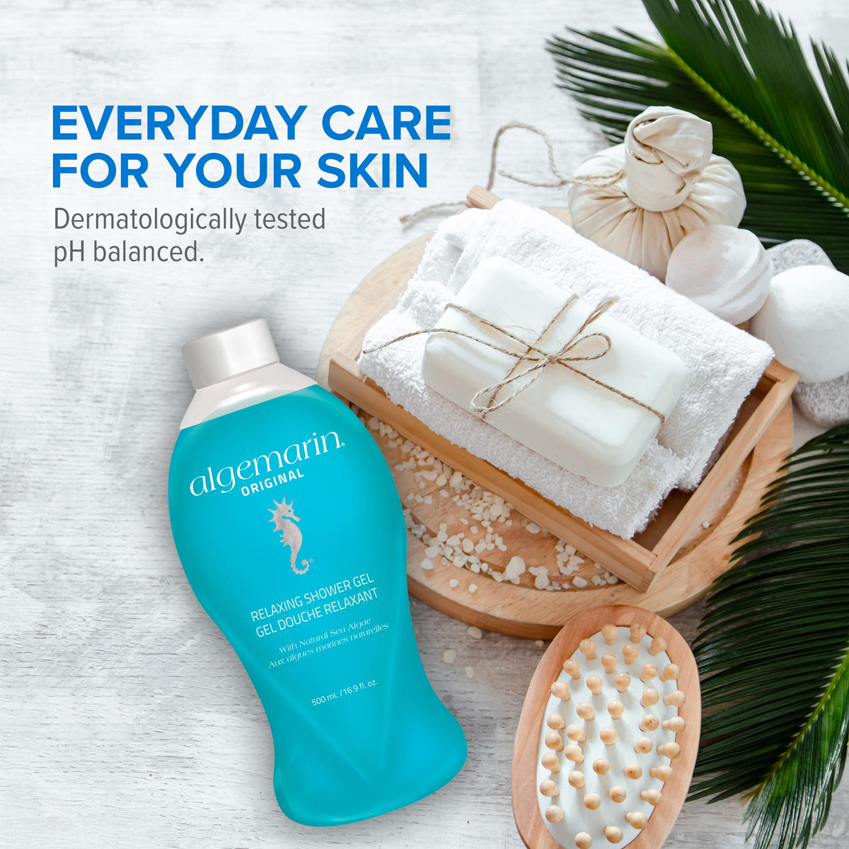 Algemarin 500 ml bottle next to hand showing true-size convenience benefit