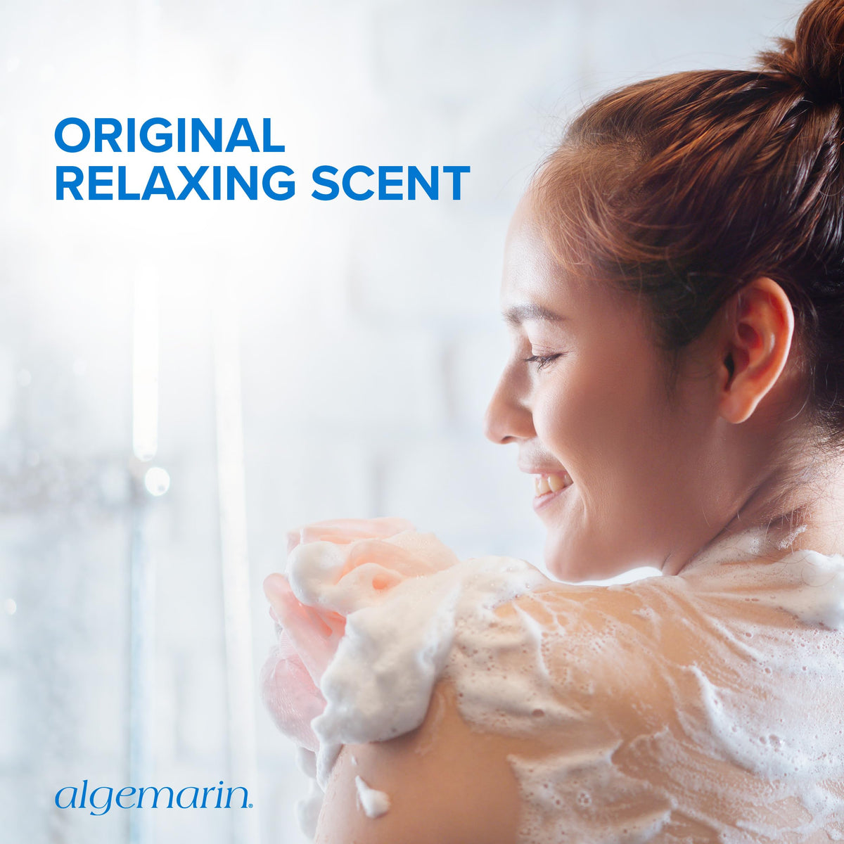 Algemarin bottle placed in a bathroom lifestyle scene promoting ritual benefit