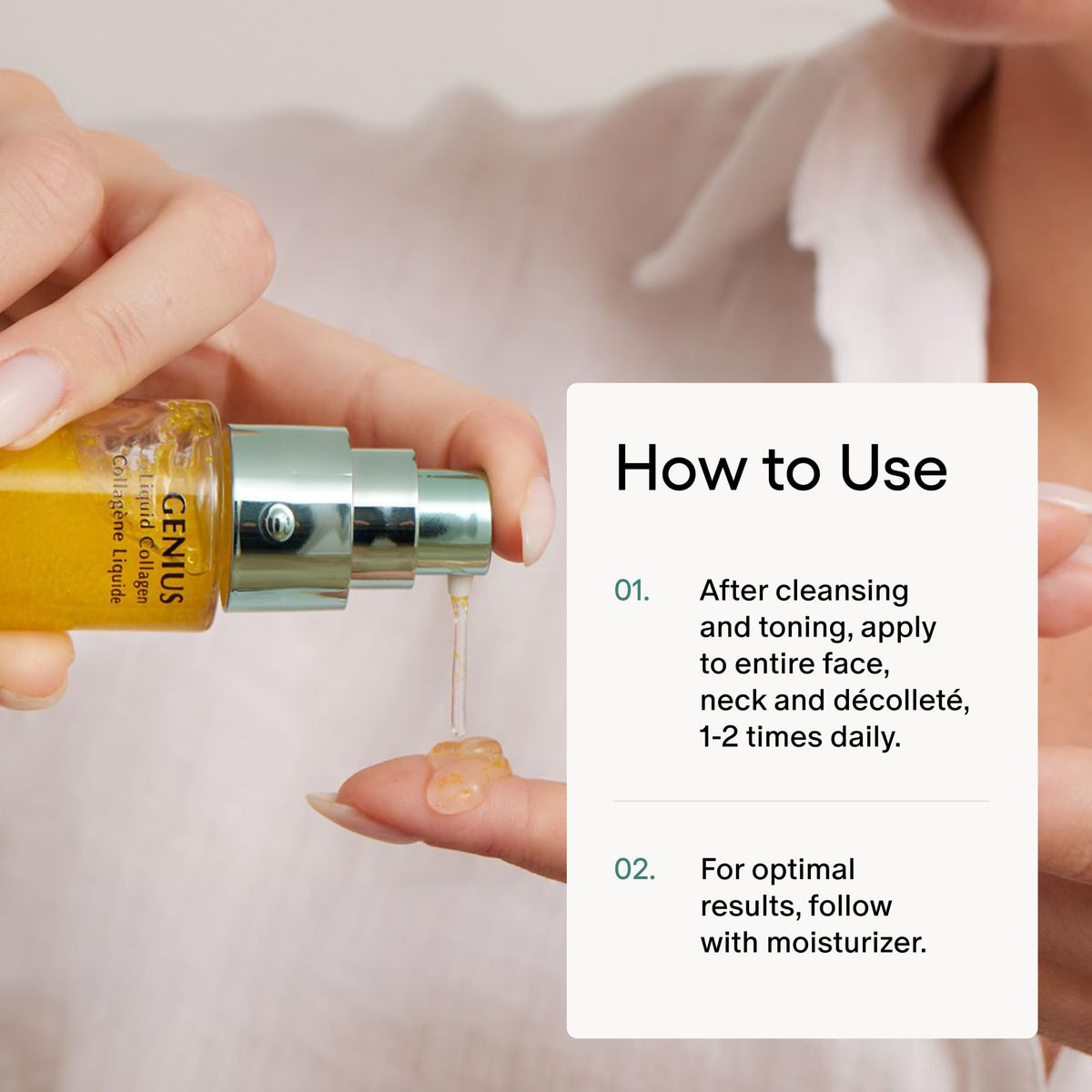 Algenist serum applied to face and neck demonstrating layering and smoothing benefit