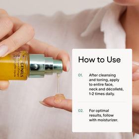 Algenist serum applied to face and neck demonstrating layering and smoothing benefit