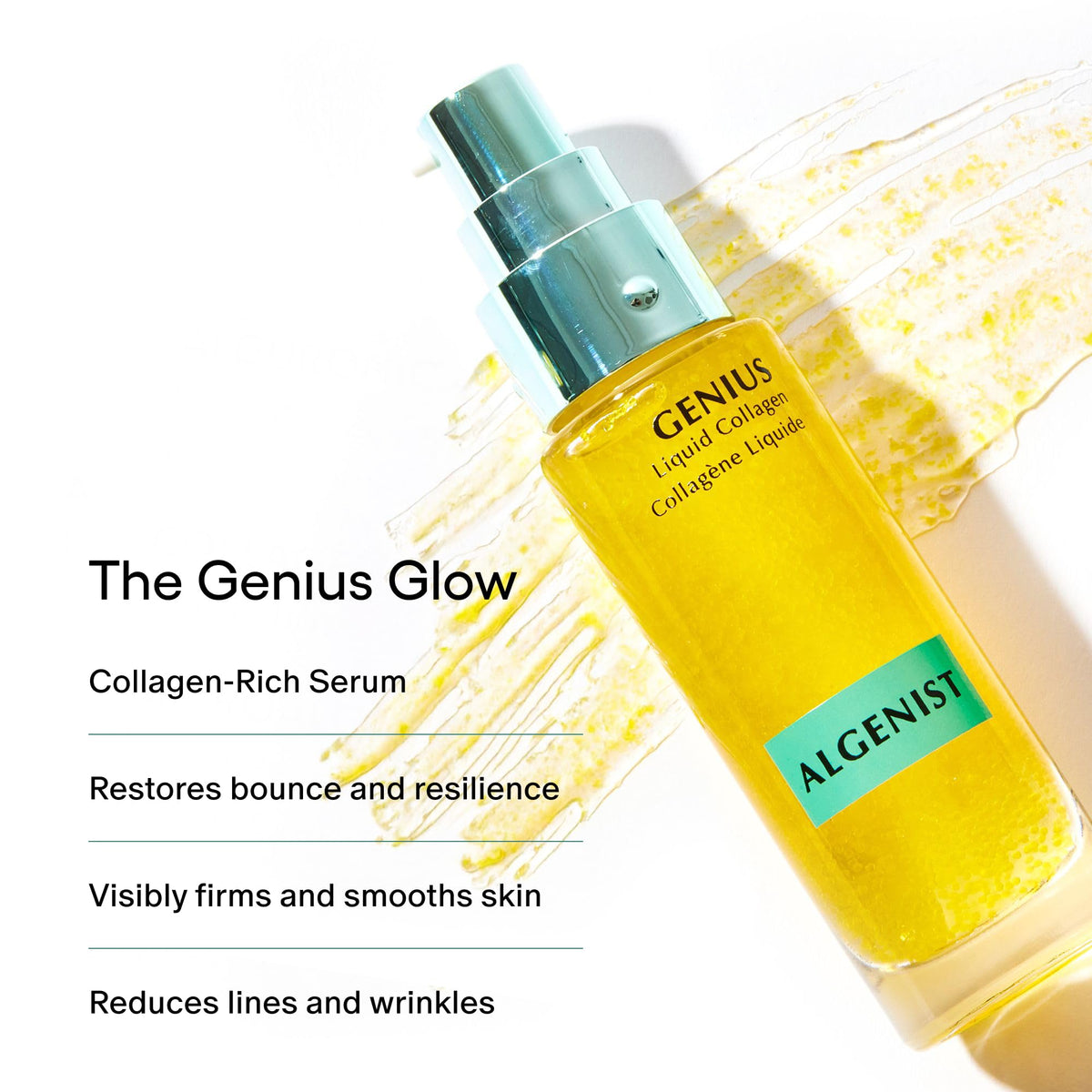 Algenist serum pump dispensing lightweight liquid collagen, fast-absorbing benefit