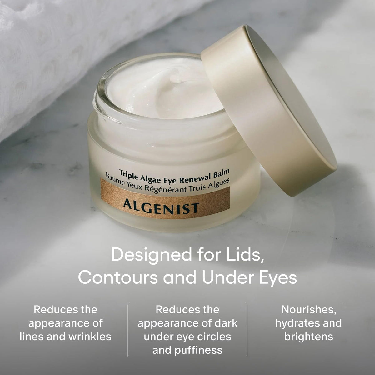 Algenist eye balm smooth texture closeup highlighting hydration and lightweight feel