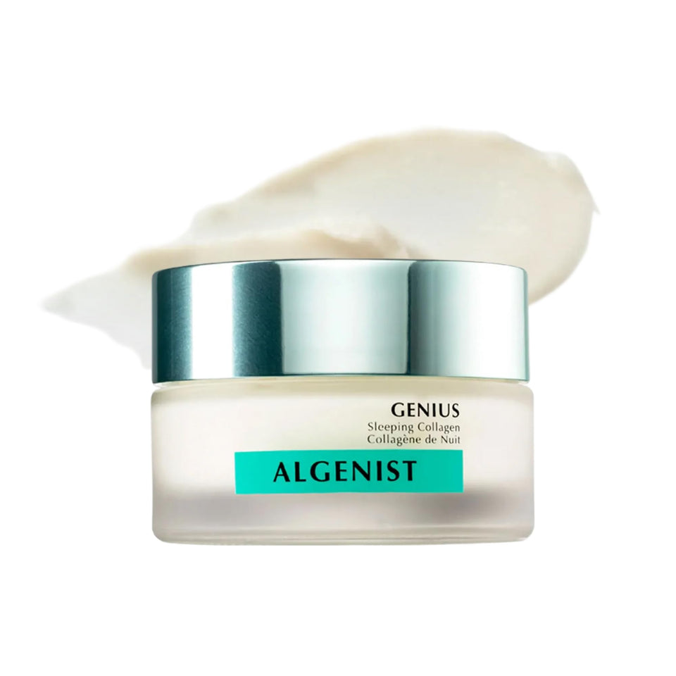 Algenist jar front view showing product packaging and luxurious overnight benefit
