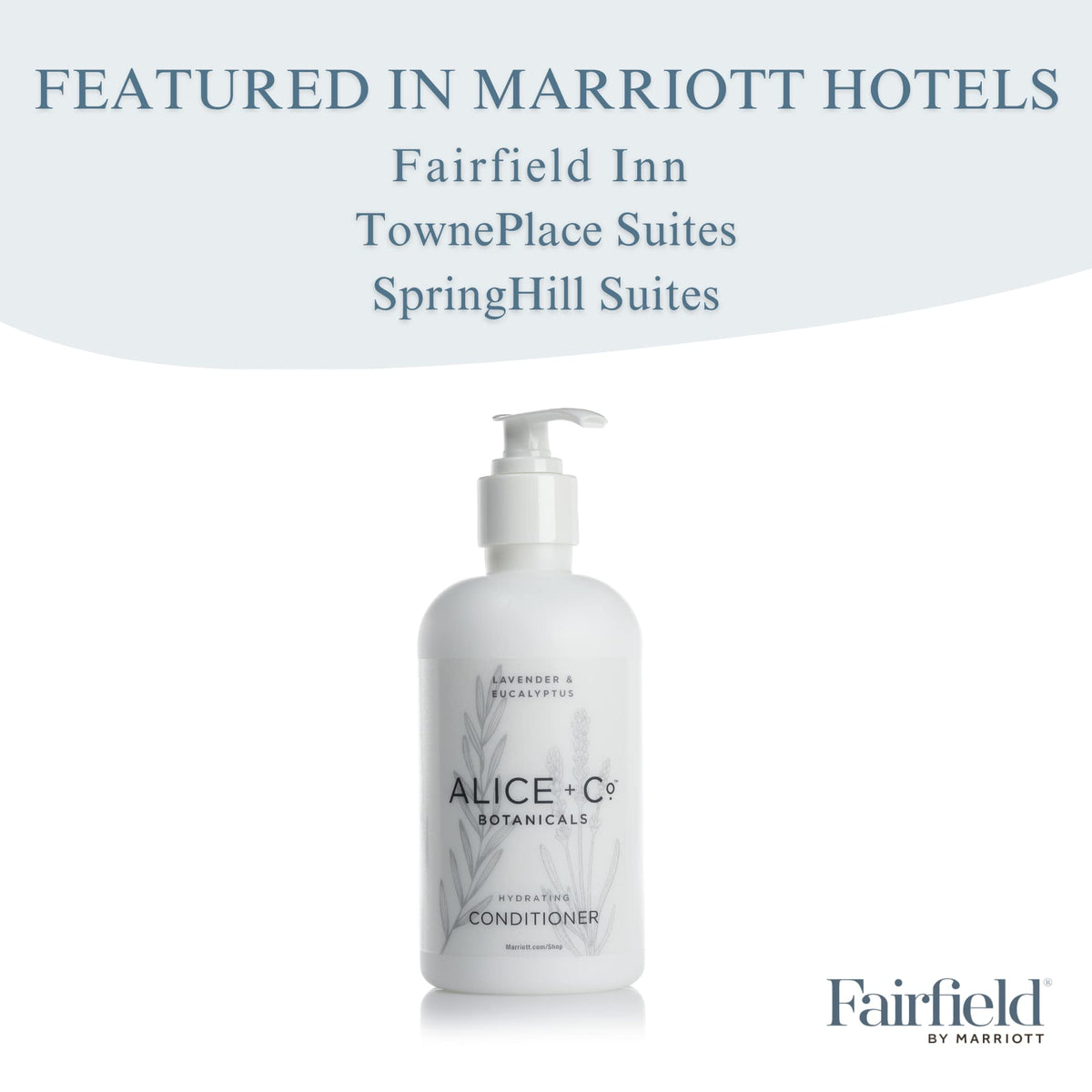 Alice + Co. bottle paired with shampoo travel set for hotel convenience