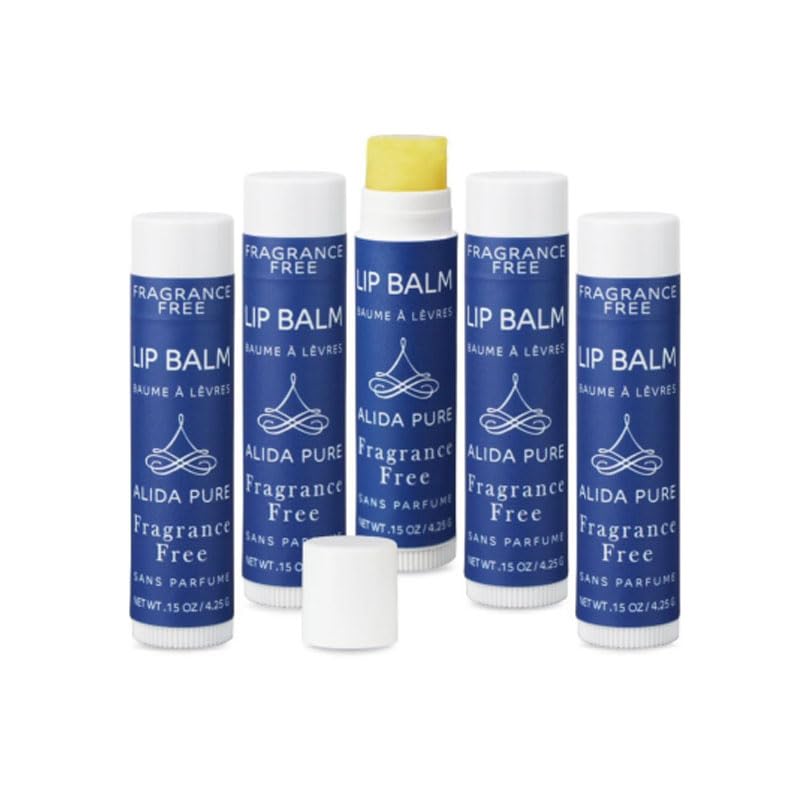 ALIDA PURE front packaging showing five unscented balm tubes and eco packaging benefit
