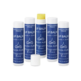 ALIDA PURE front packaging showing five unscented balm tubes and eco packaging benefit