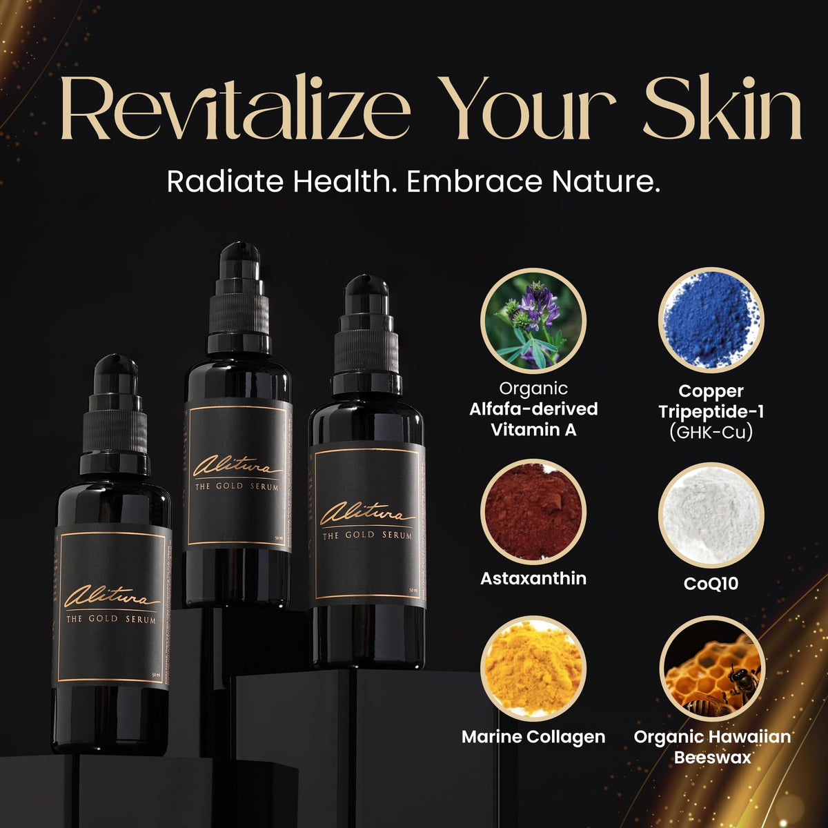 Alitura gold serum closeup label highlighting active ingredients and potency benefit