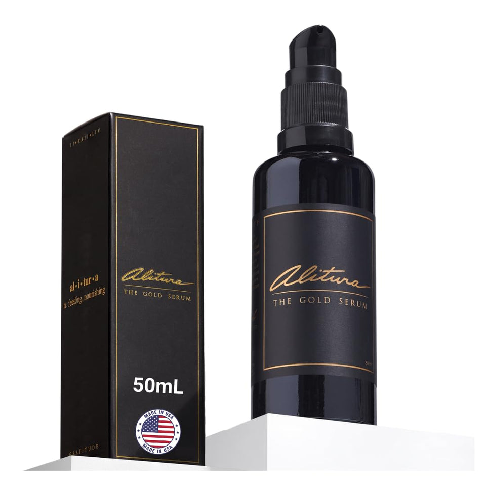 Alitura gold serum front bottle showing elegant packaging and premium benefit