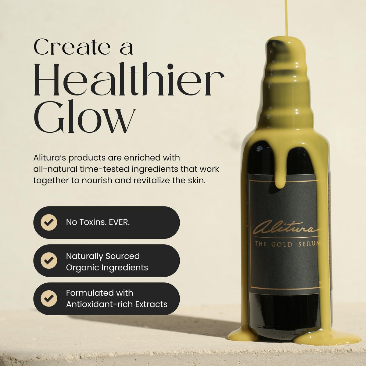 Alitura gold serum ingredient pipette with visible serum showing concentrated actives benefit