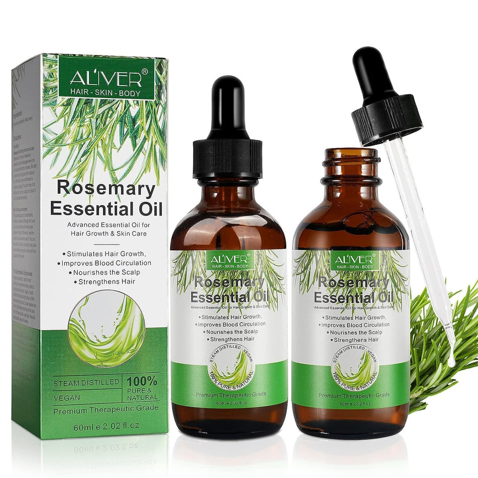 ALIVER front packaging showing two rosemary oil bottles, convenient supply
