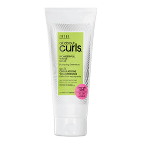 ALL ABOUT CURLS on bathroom shelf in styling routine lifestyle scene