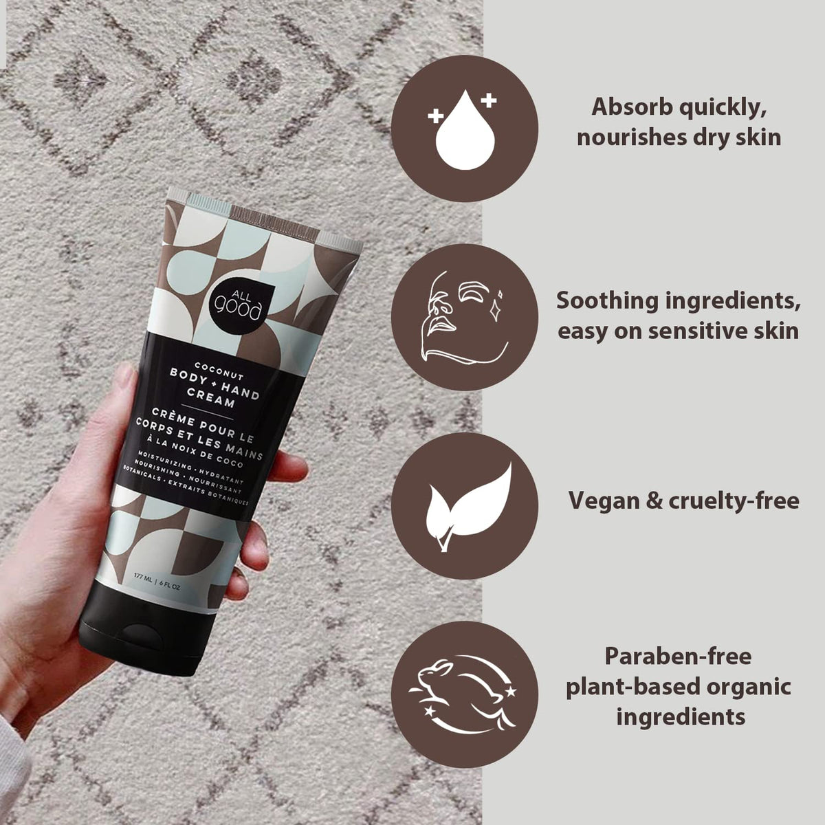 All Good applying lotion to hands to hydrate and soothe skin