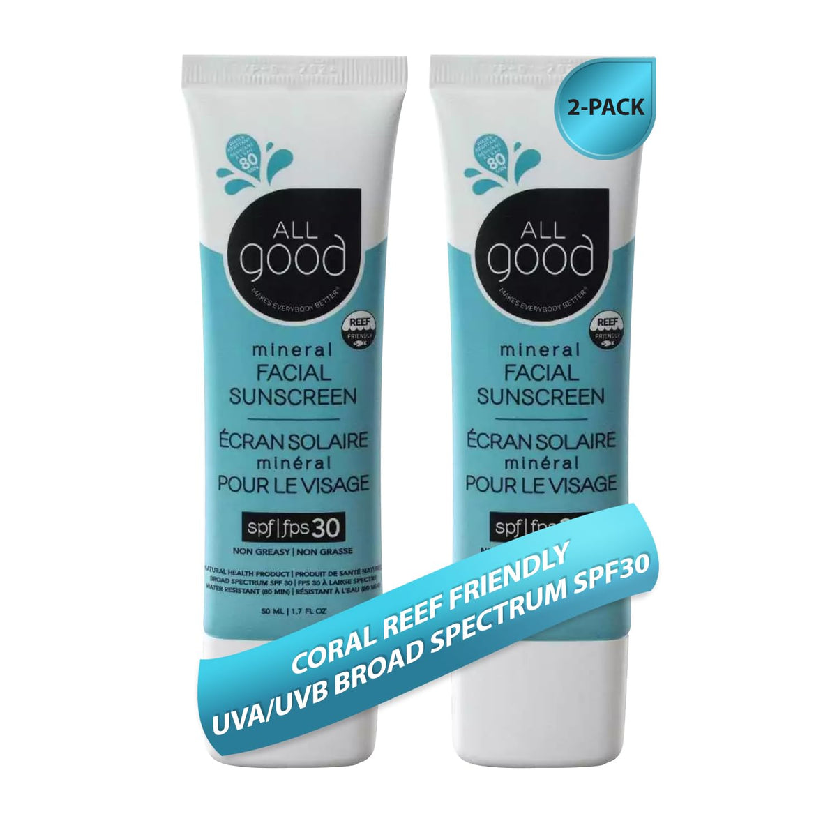 All Good front packaging showing 1.7oz two-pack and compact design for travel