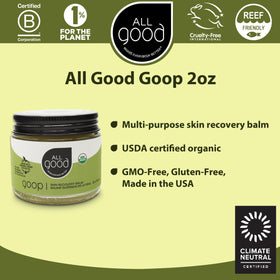 All Good Goop ingredients label closeup listing calendula, beeswax, olive oil