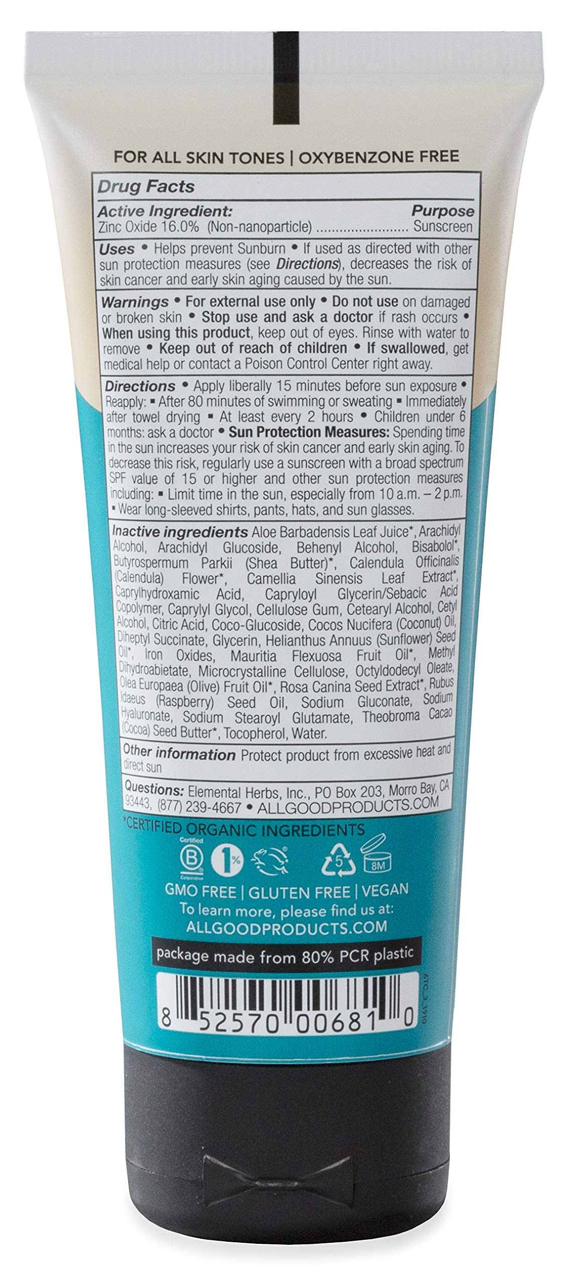 All Good product label showing reef-friendly ingredients and safety focus