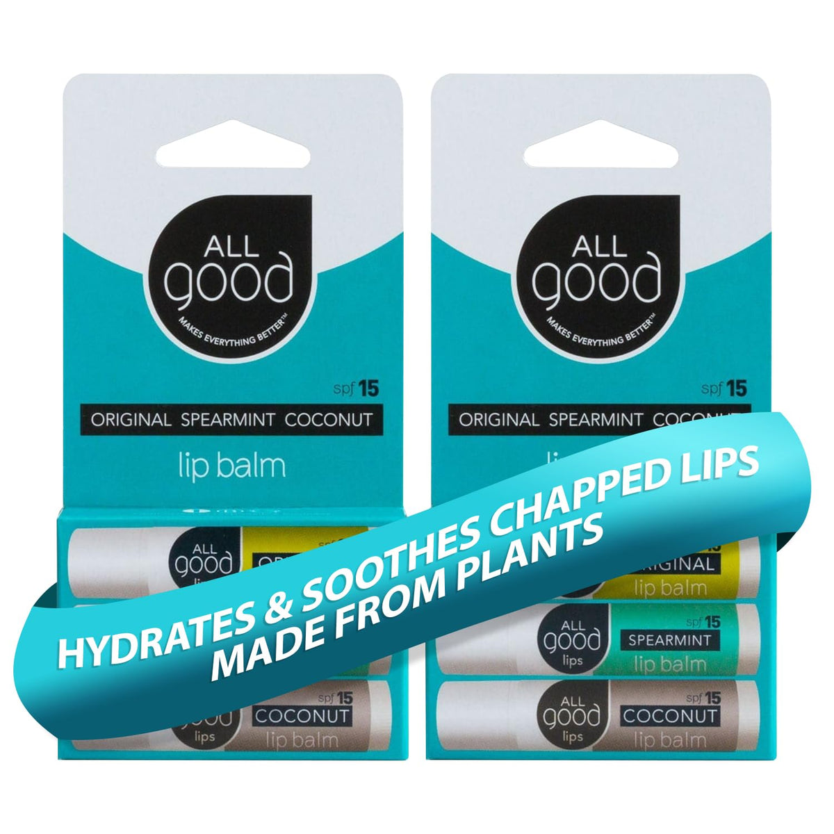 All Good lip balm front packaging showing six tubes and SPF benefit