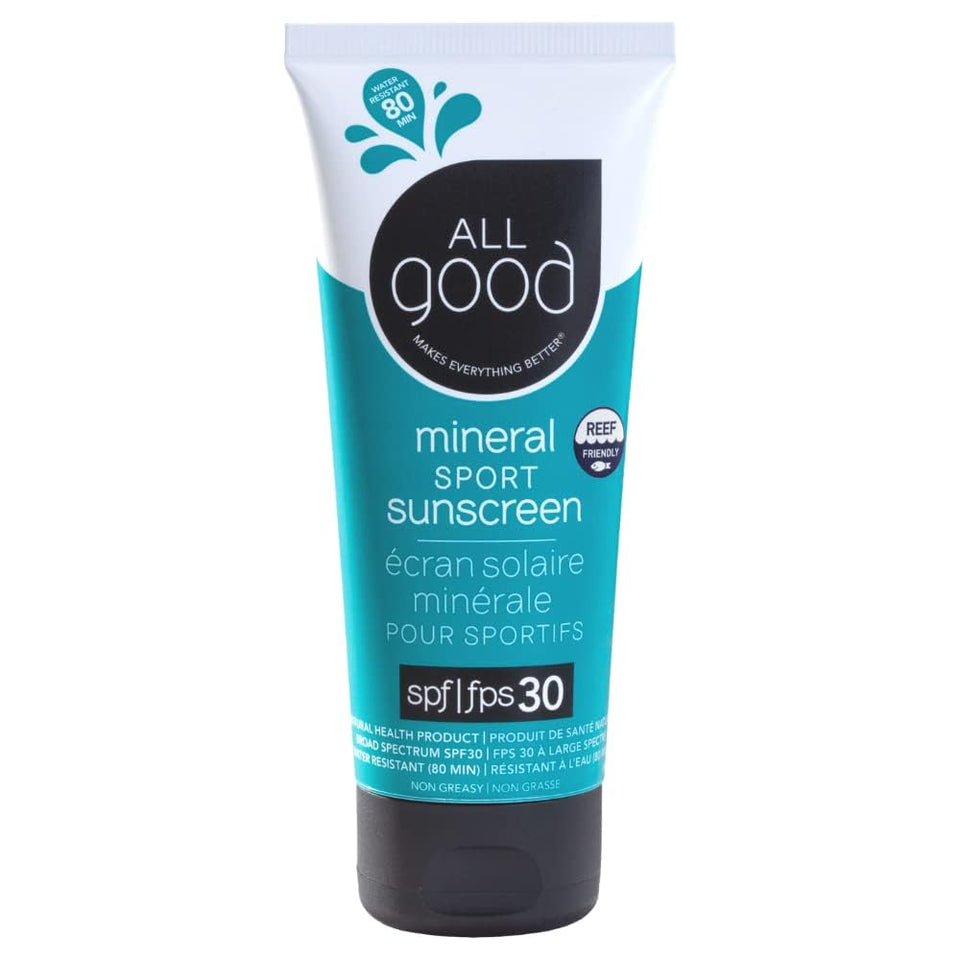 All Good front packaging showing SPF 30+ and sport benefits