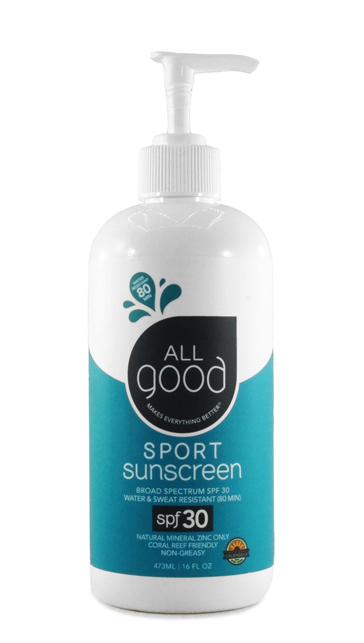 All Good front pump bottle showing SPF 30+ and active use benefit