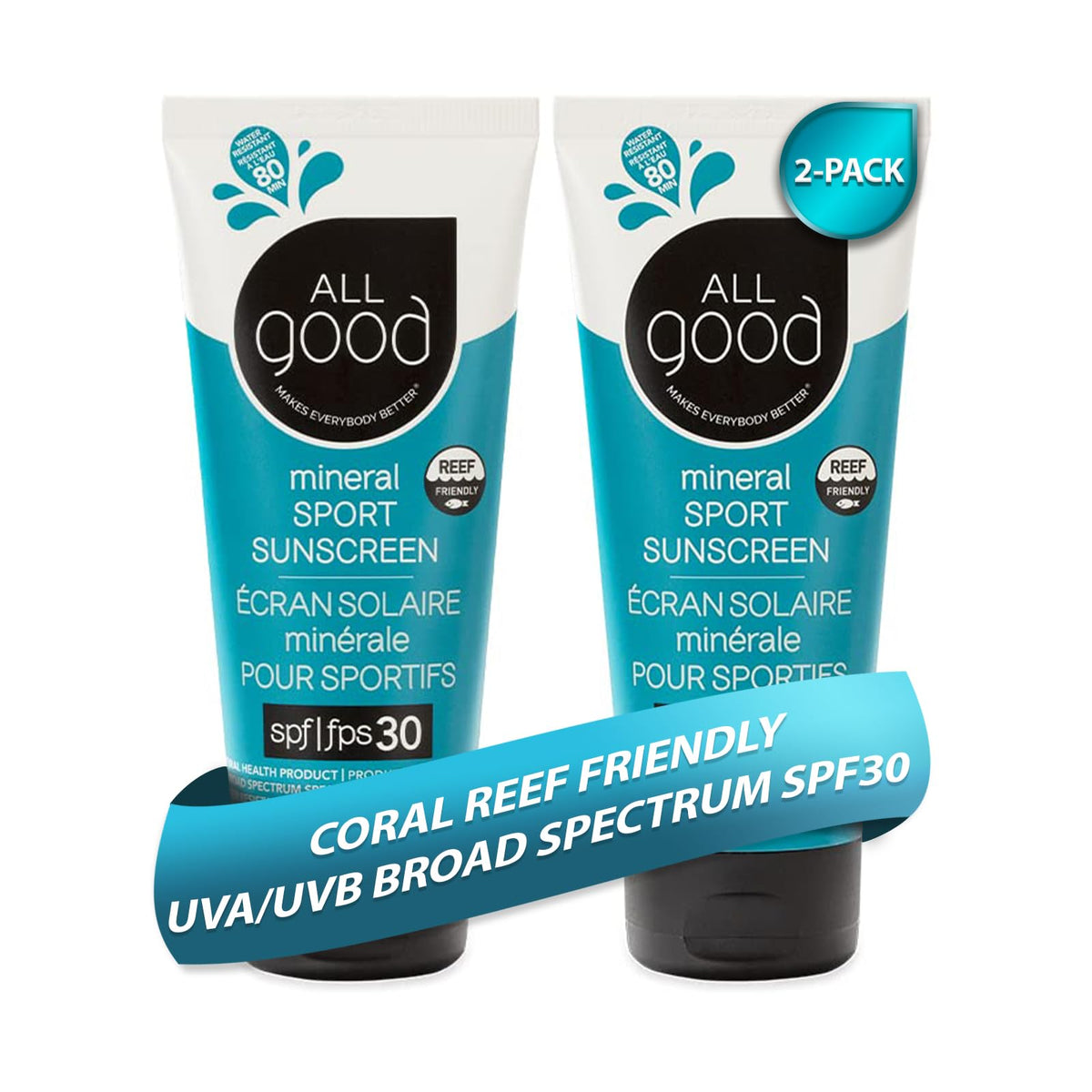 All Good front packaging showing 2-pack and SPF 30, clear protection on the go