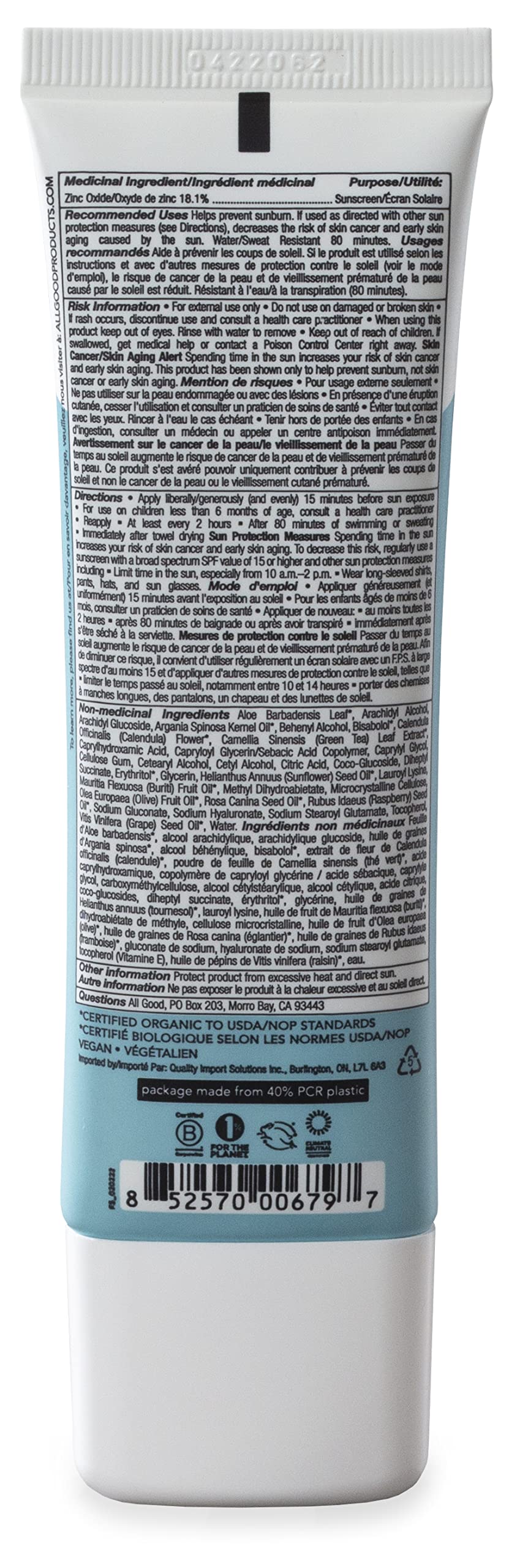 All Good sunscreen on hand being rubbed in to show quick absorption and non-greasy finish