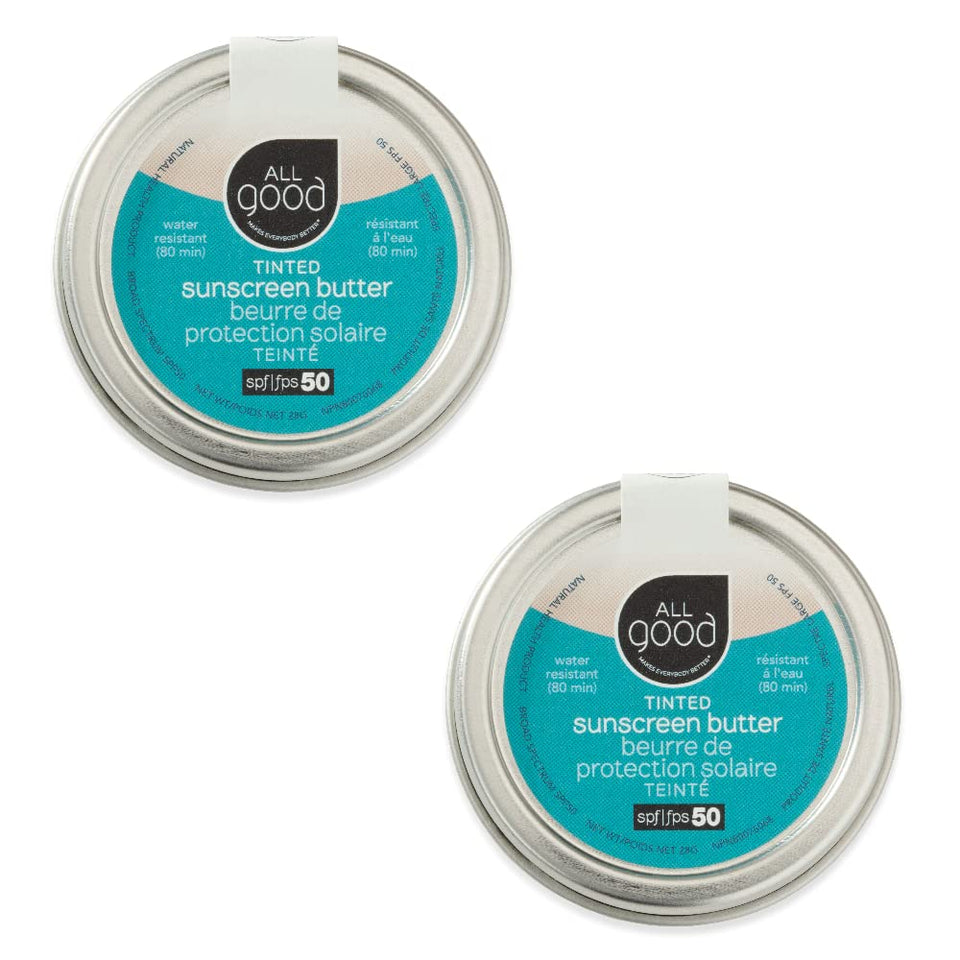 All Good front packaging showing tinted mineral sunscreen butter and SPF 50+ protection