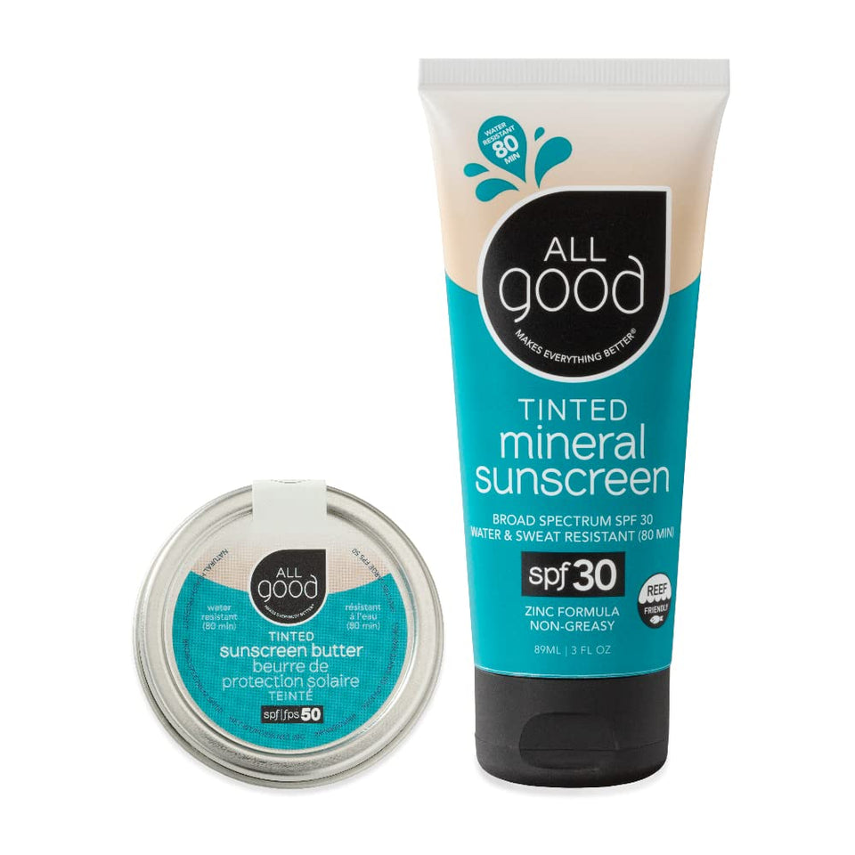 All Good front packaging showing both tinted sunscreen tubes and benefits