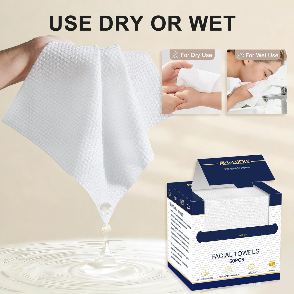 ALL- LUCKY individually wrapped towel highlighting portability and hygiene
