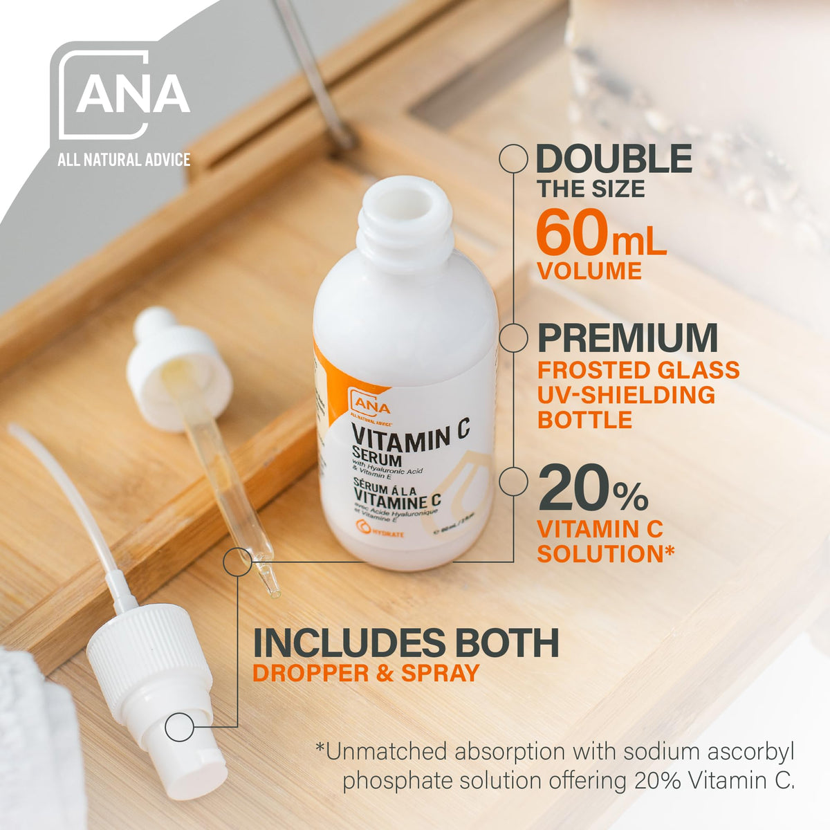 All Natural Advice frosted UV glass bottle protecting Vitamin C potency and freshness