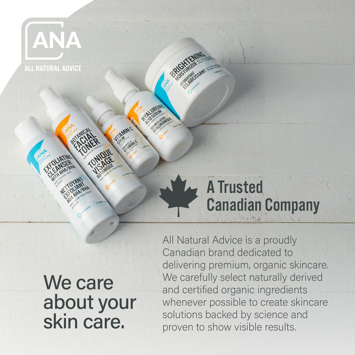 All Natural Advice ingredient flatlay with botanicals highlighting natural, organic components