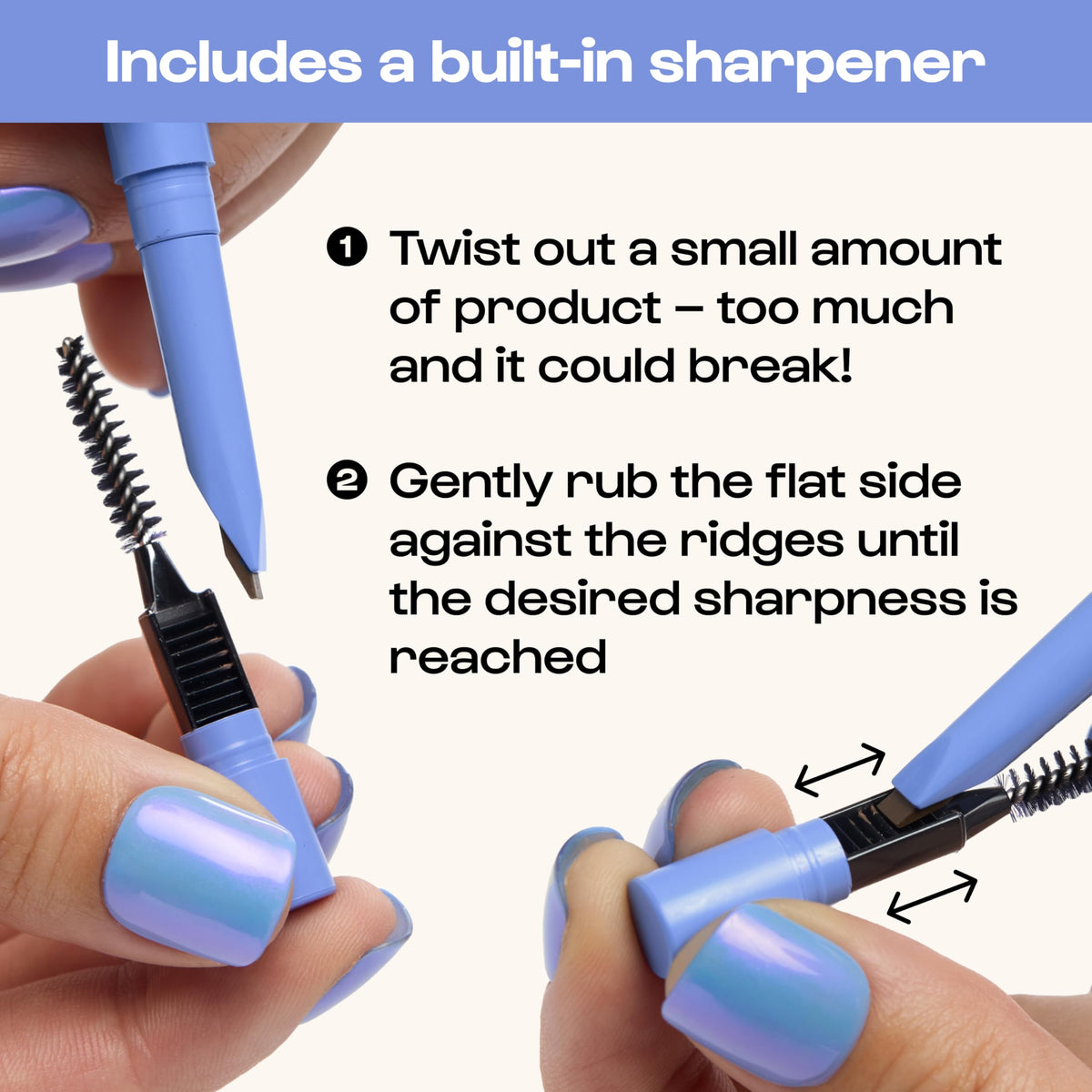Hand holding ALLEYOOP brow definer showing size and travel-friendly convenience