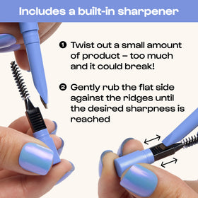 Hand holding ALLEYOOP brow definer showing size and travel-friendly convenience