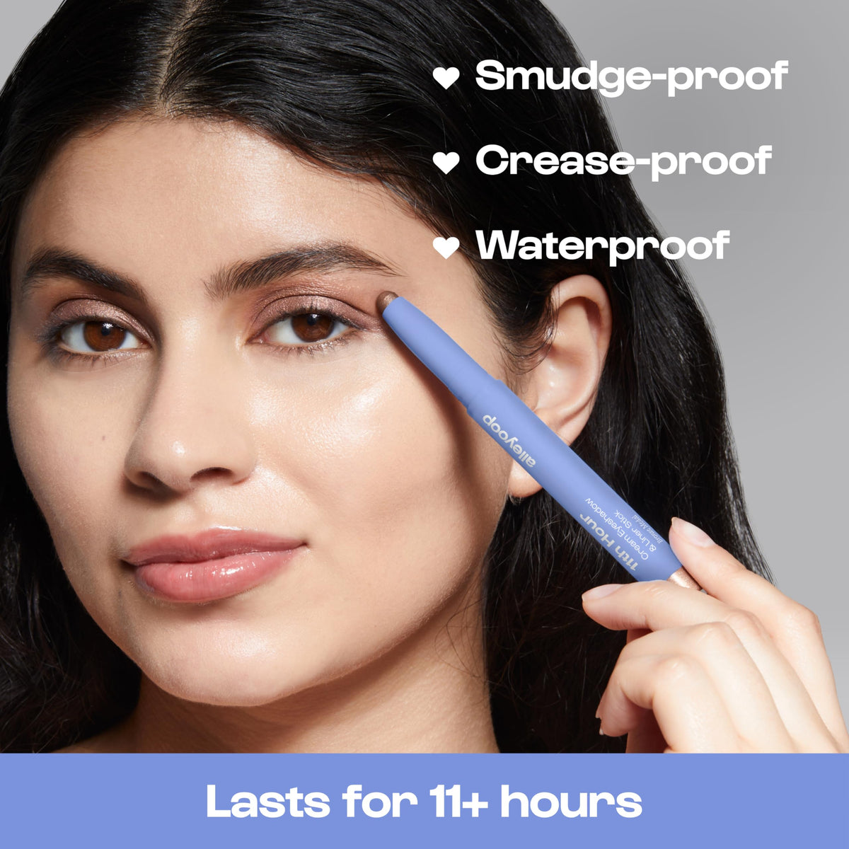 ALLEYOOP stick gliding on eyelid to demonstrate smooth blending