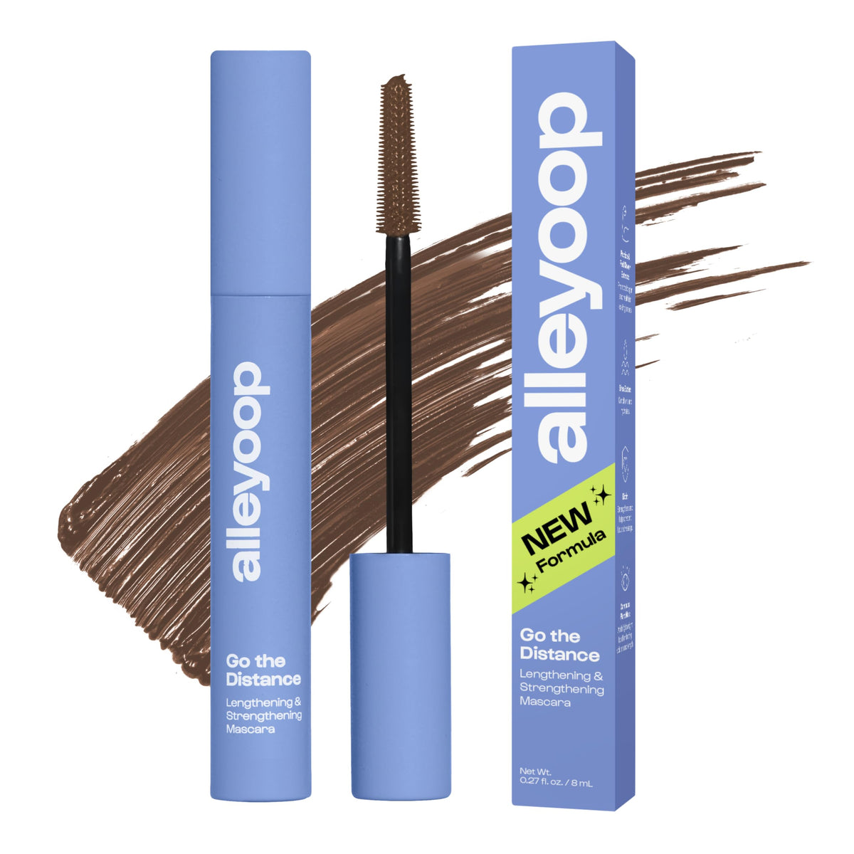 ALLEYOOP front packaging showing brown tubing mascara and benefit of clean formula