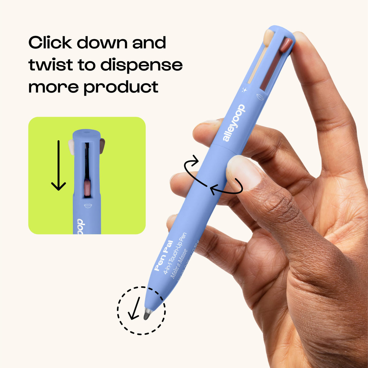 ALLEYOOP Pen Pal used on eye, lip, and brow for quick multitool touch-up benefits
