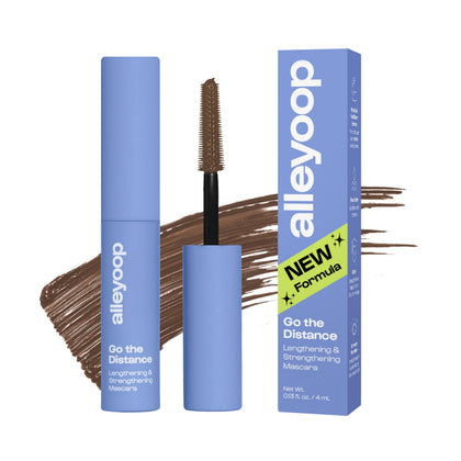 ALLEYOOP tube mascara front view showing compact brown packaging and travel-ready size