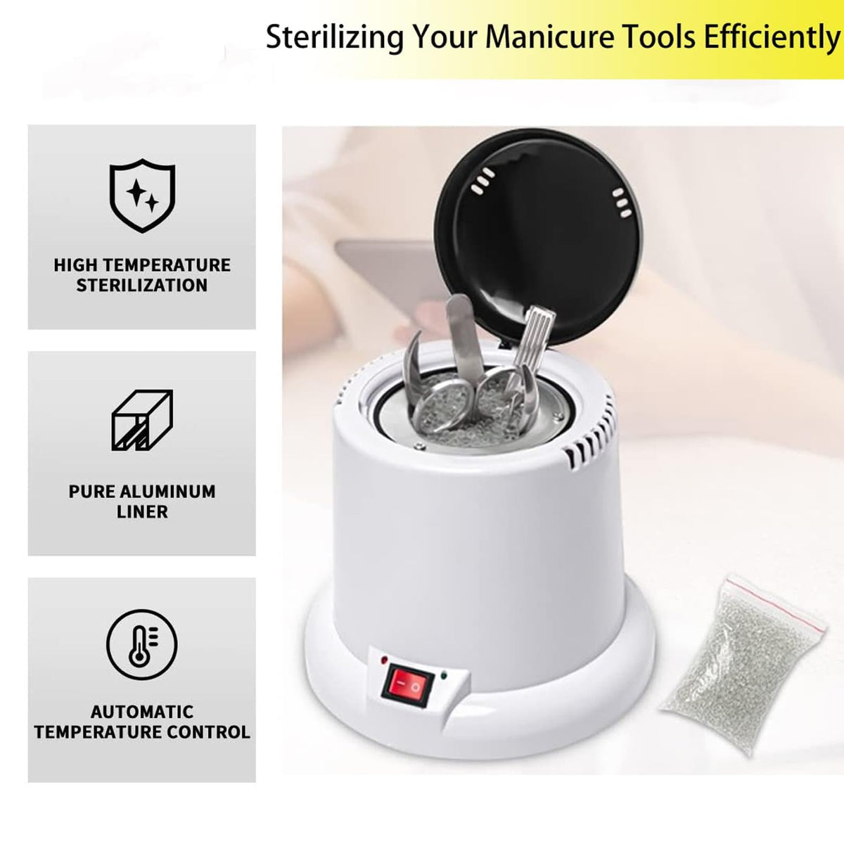 ALLGLAM sterilizer open with glass beads ready to cradle metal tools benefit