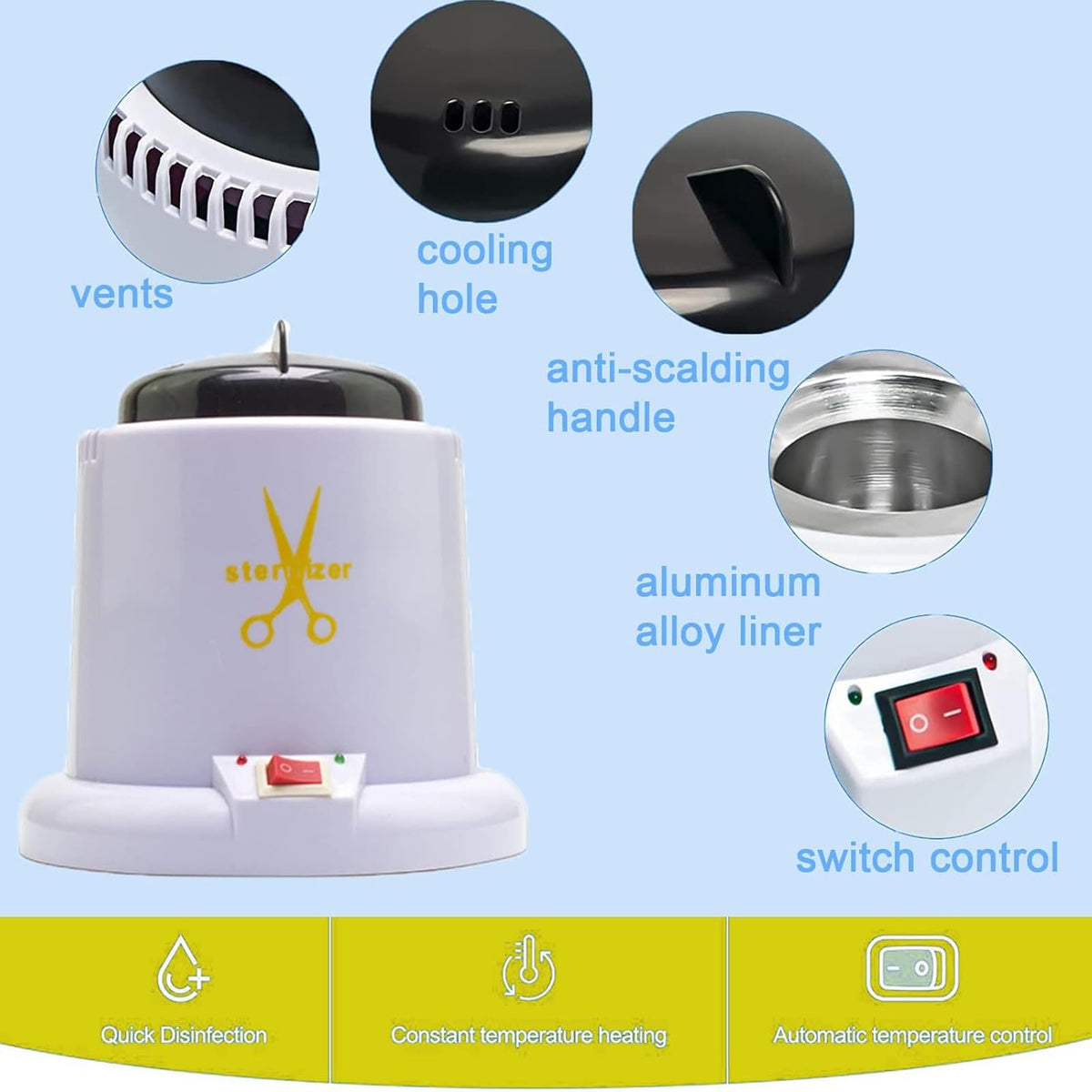 ALLGLAM size comparison with hand showing compact footprint for crowded counters benefit
