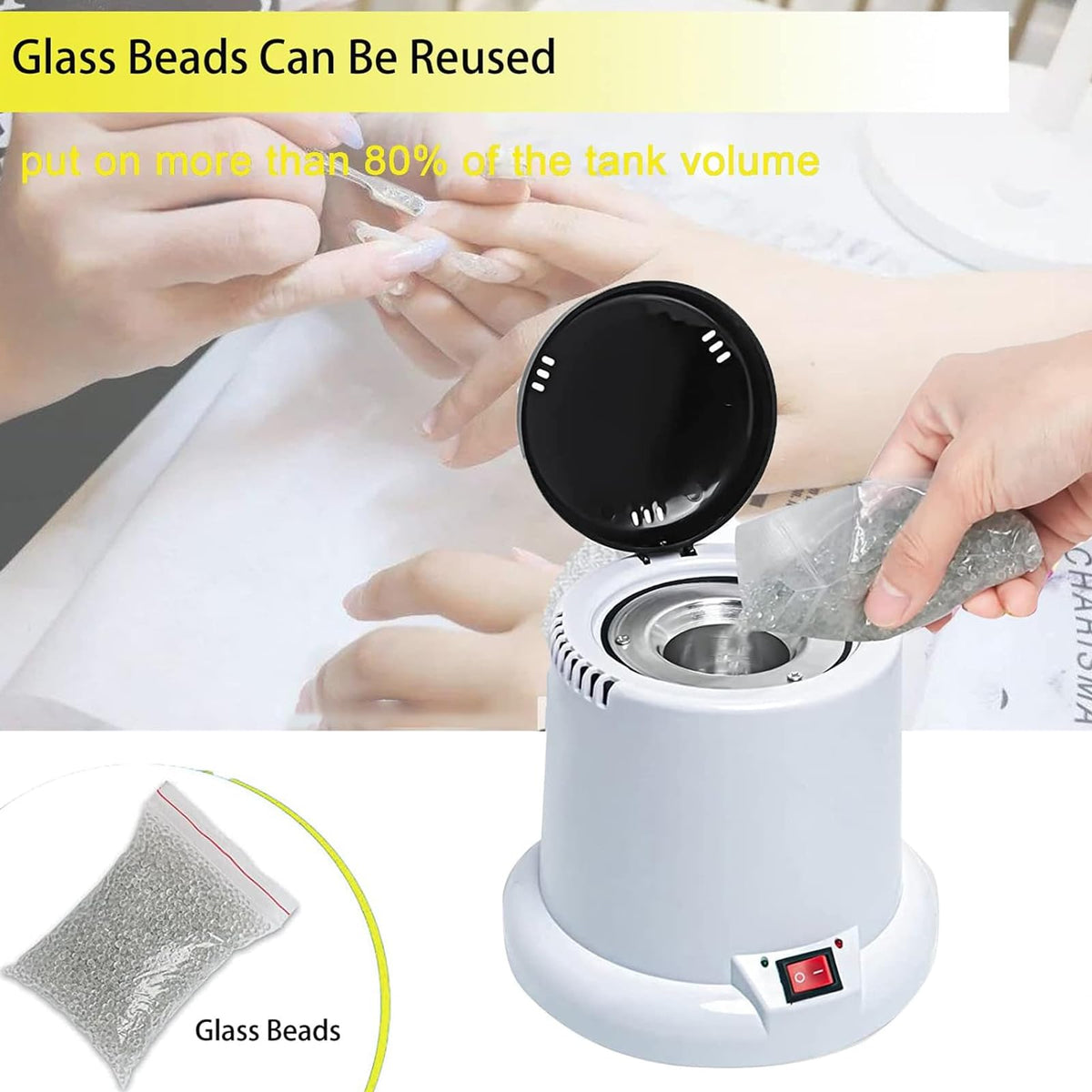 ALLGLAM tools placed in beads illustrating even contact and efficient sanitation benefit