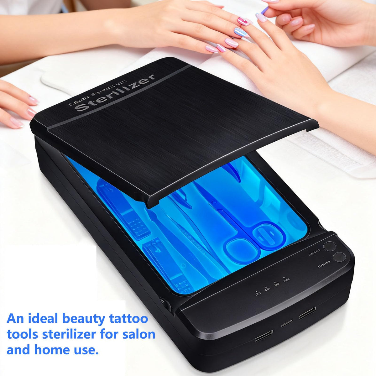 ALLGLAM sterilizer beside a travel bag showing portable size and on-the-go use