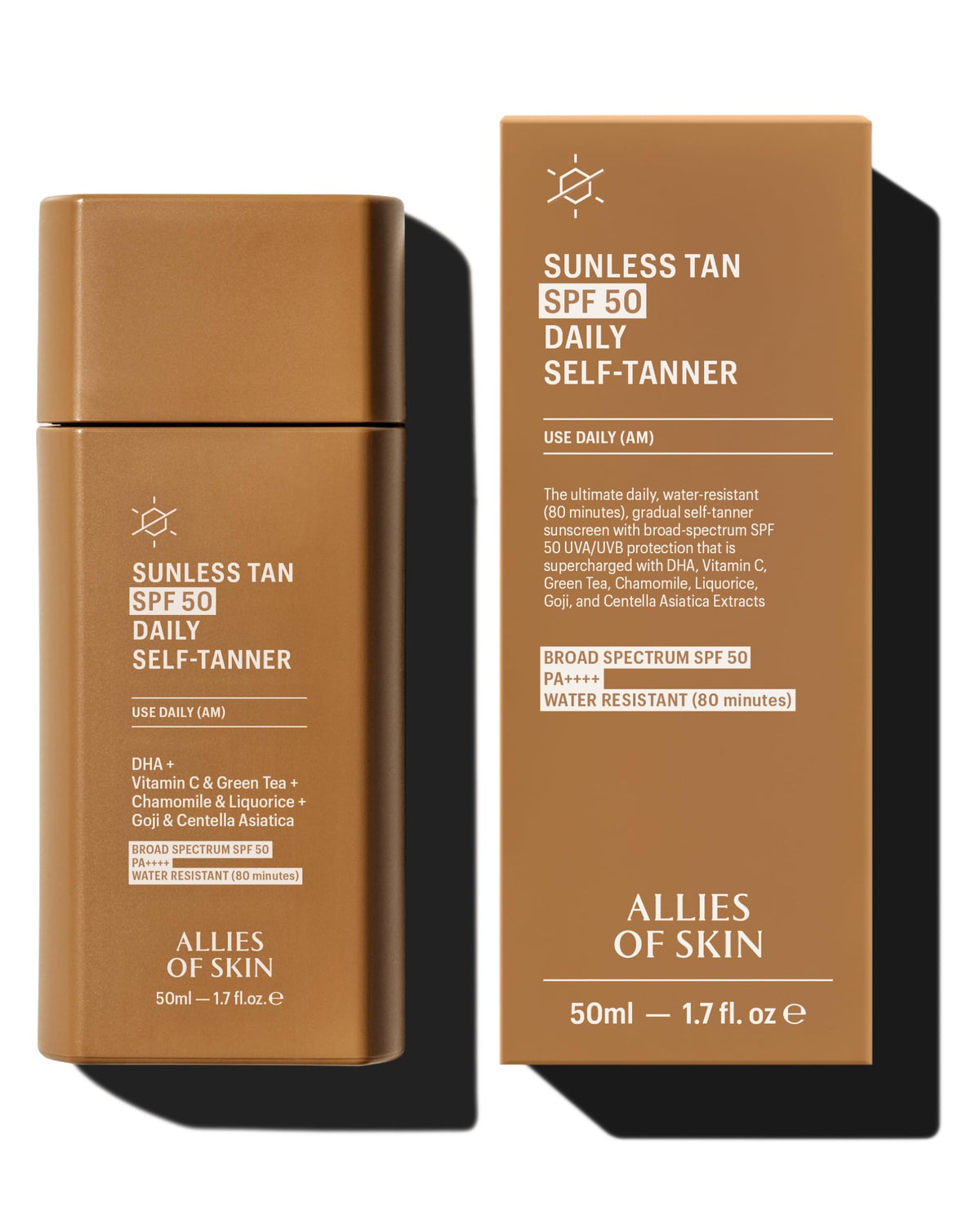 Allies of Skin front packaging showing SPF 50 and buildable glow benefit