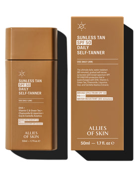 Allies of Skin front packaging showing SPF 50 and buildable glow benefit