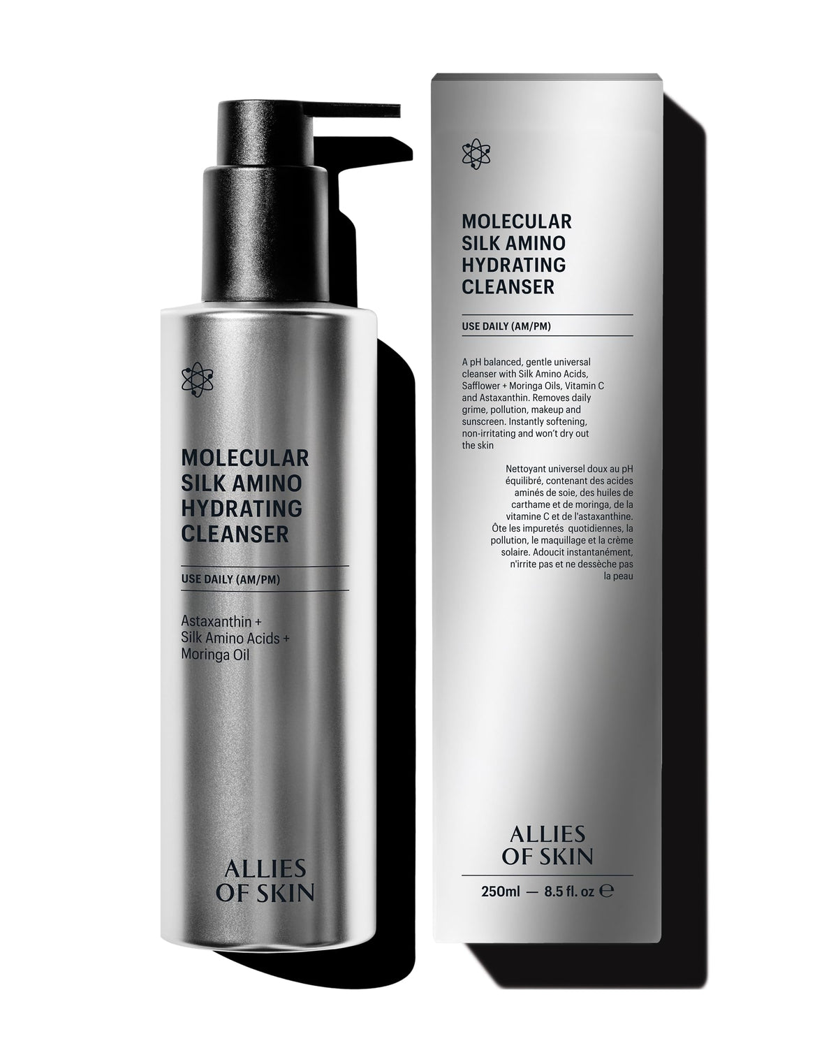 Allies of Skin front bottle view showing clean design and pump, highlights easy dispensing