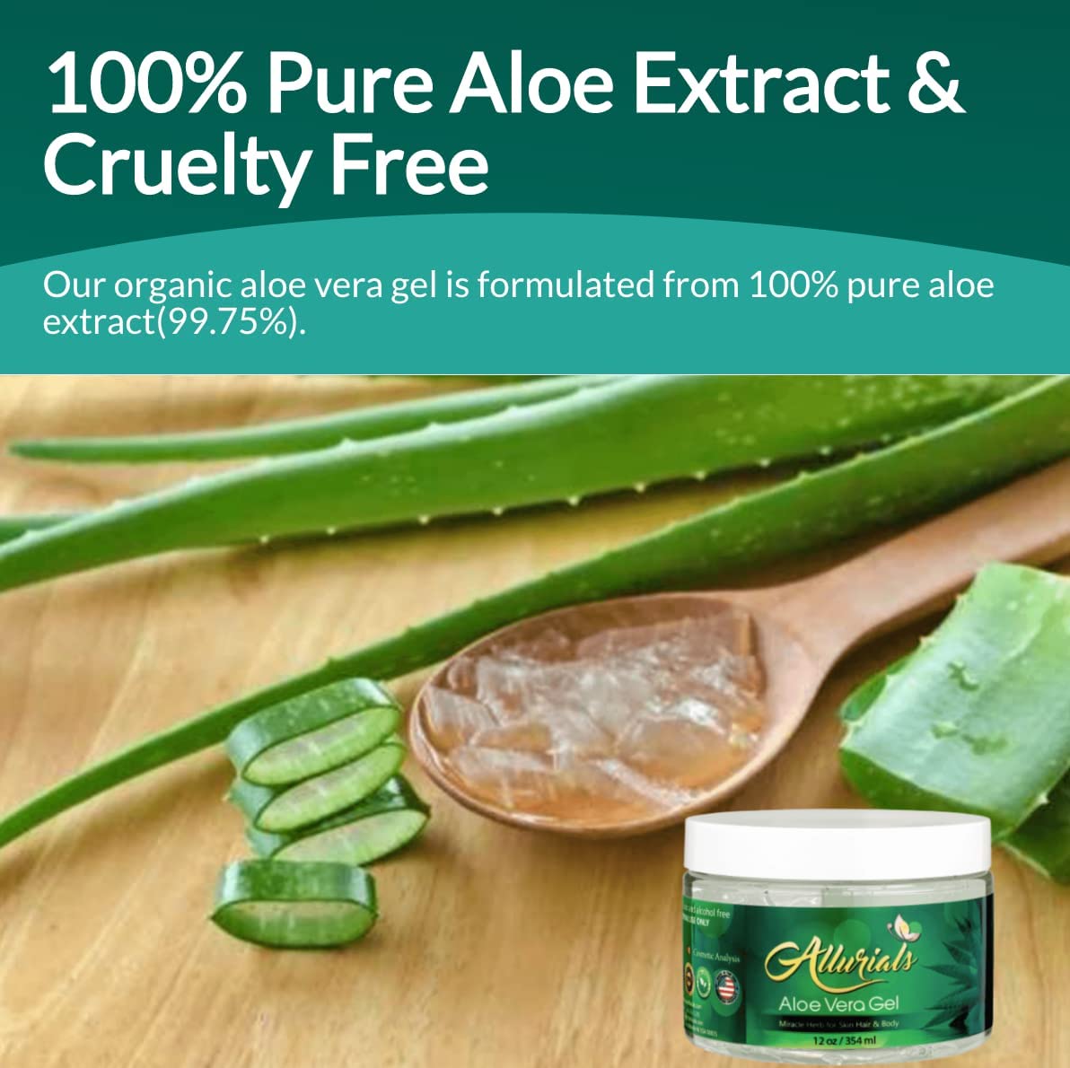 Allurials ingredient label close-up showing organic aloe and clean formula