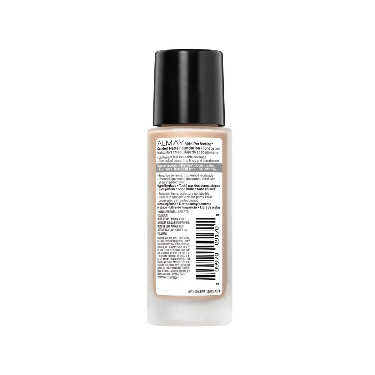 Almay glass bottle with recycled cap highlighting eco-friendly benefit