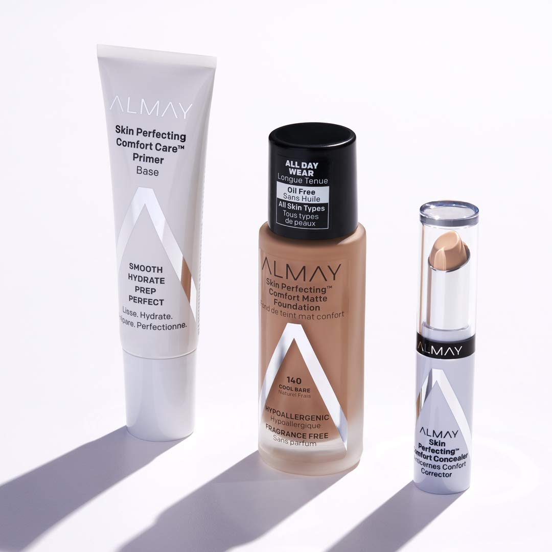 Almay foundation styled in a makeup bag showing everyday convenience benefit